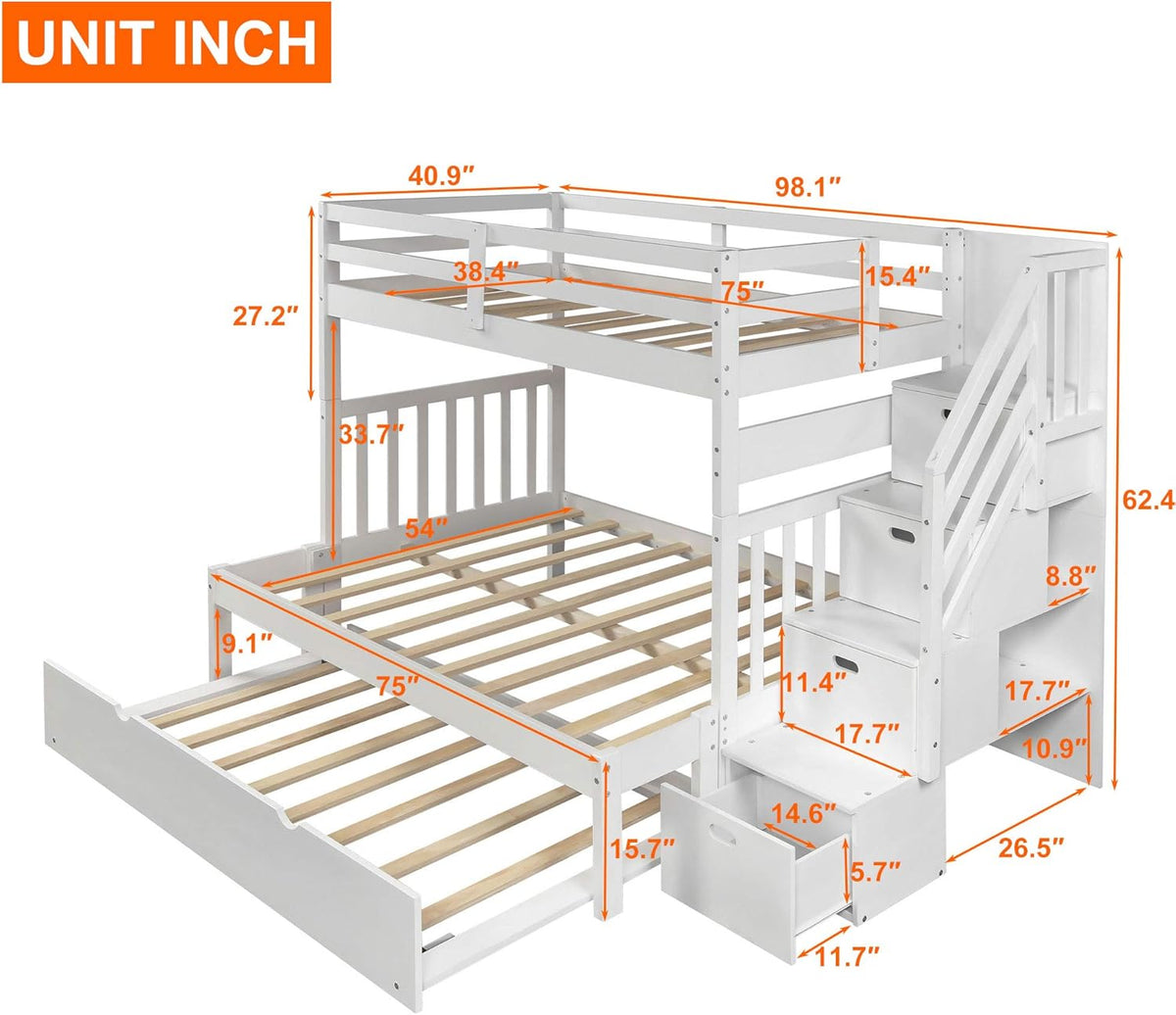 White Twin Over Twin Bunk with Trundle, 4 Drawers, and 3 Shelves F46042