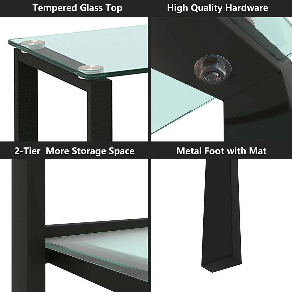Glass Console Table with Black Metal Leg, 2 Tier Storage P95906