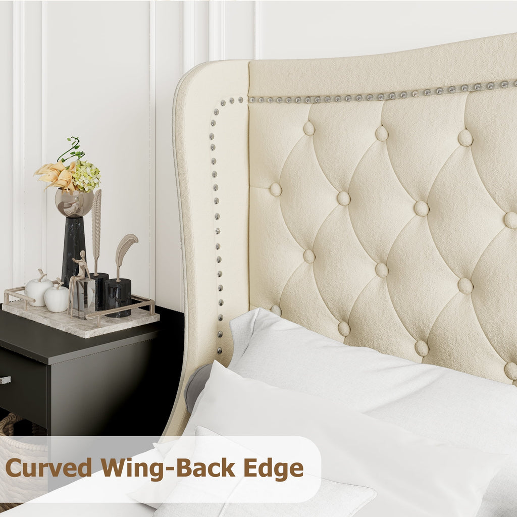 King Bed Frame with Wing-Back Button Tufted Upholstered Headboard A624594