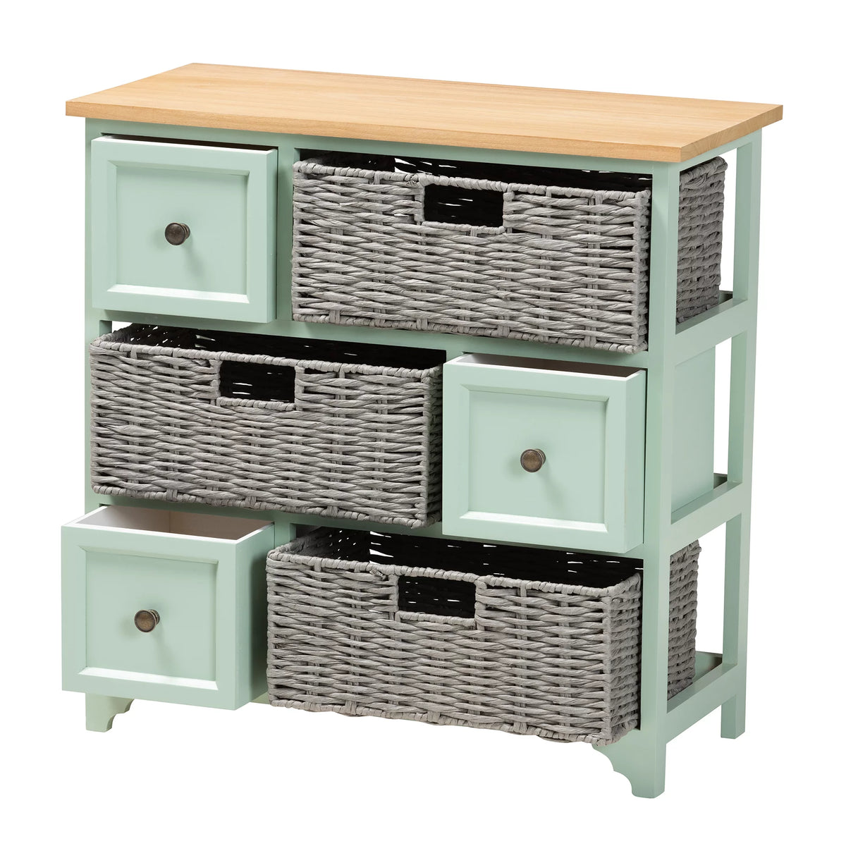 Oak Brown and Mint Green Wood 3-Drawer Storage Unit with Baskets H33711