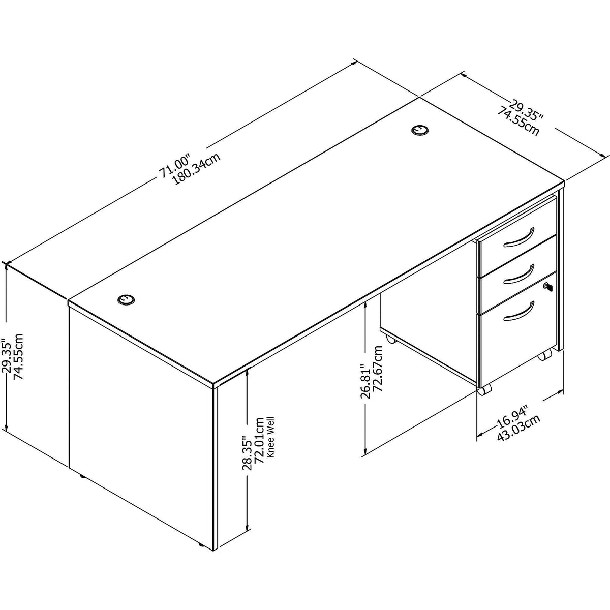 72w x 30D Office Desk with Mobile File Cabinet U9486
