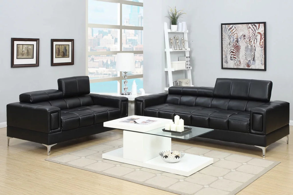Black Faux Leather Sofa and Loveseat 2pc Set H7163