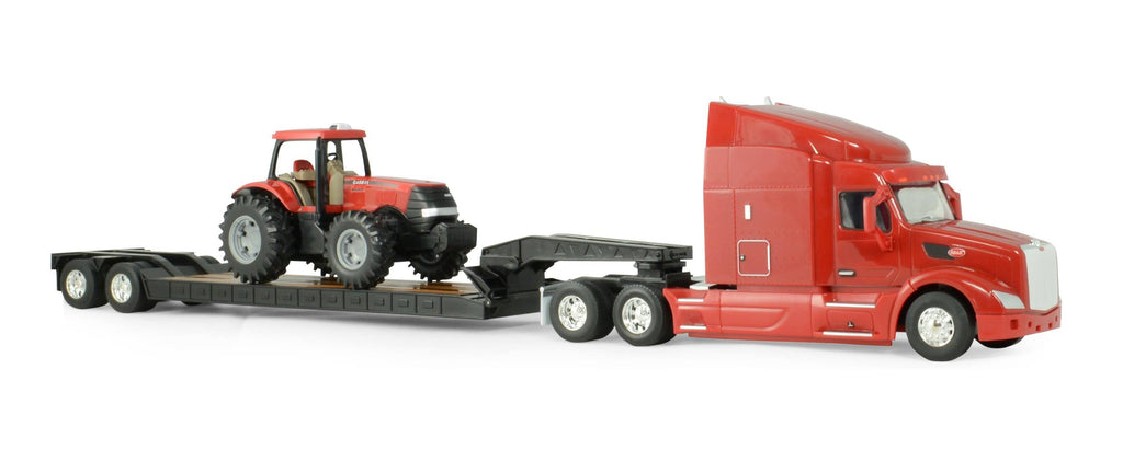 Big Farm Peterbilt Model 579 Semi with Lowboy and Case IH MX305 Tractor Backhoe Loader T79544