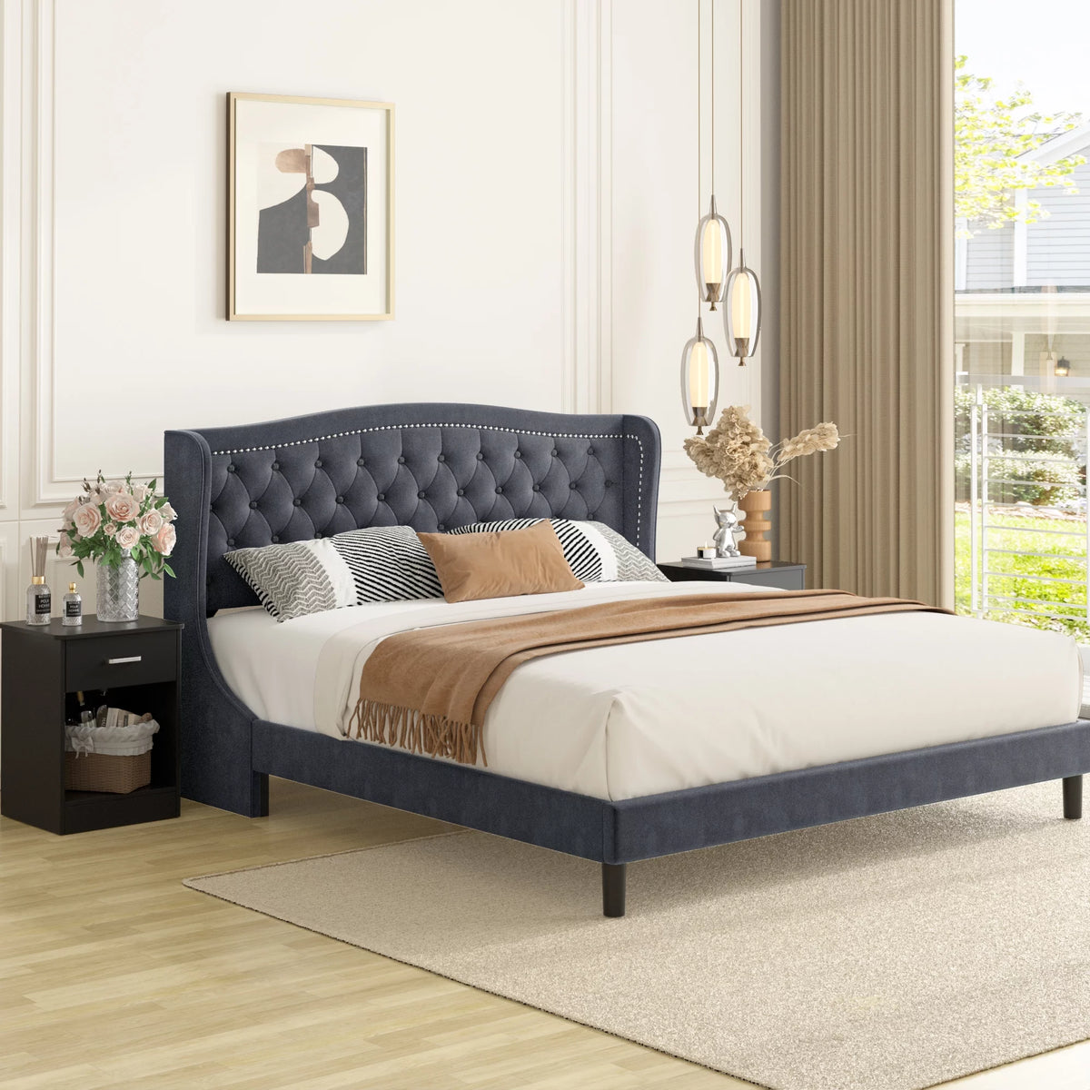 King Bed Frame with Wing-Back Button Tufted Upholstered Headboard A624594