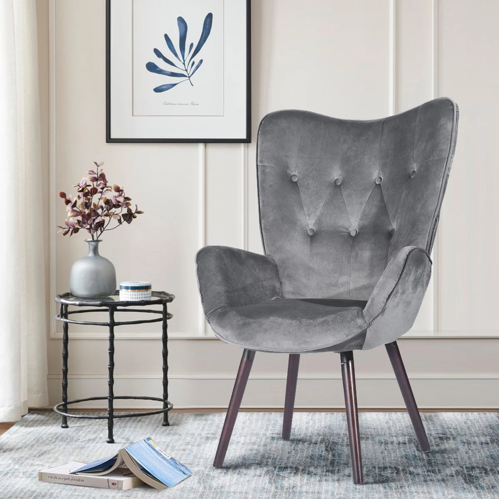 Gray Velvet Tufted Wing Back Accent Chair Q611