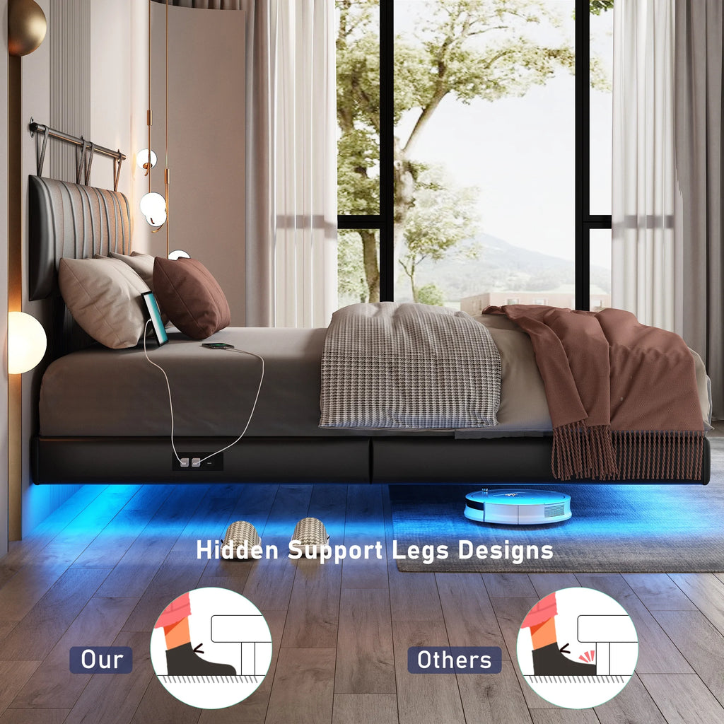 King Size Floating Upholstered Platform Bed with LED Light & Power Charging Station Y1558