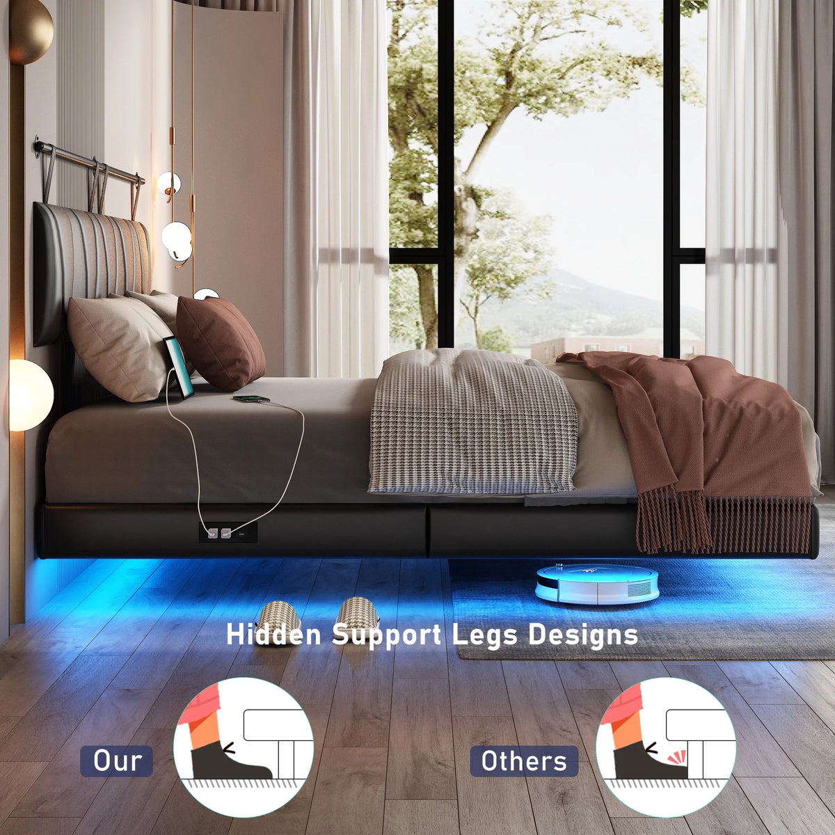 King Size Floating Upholstered Platform Bed with LED Light & Power Charging Station Y1558