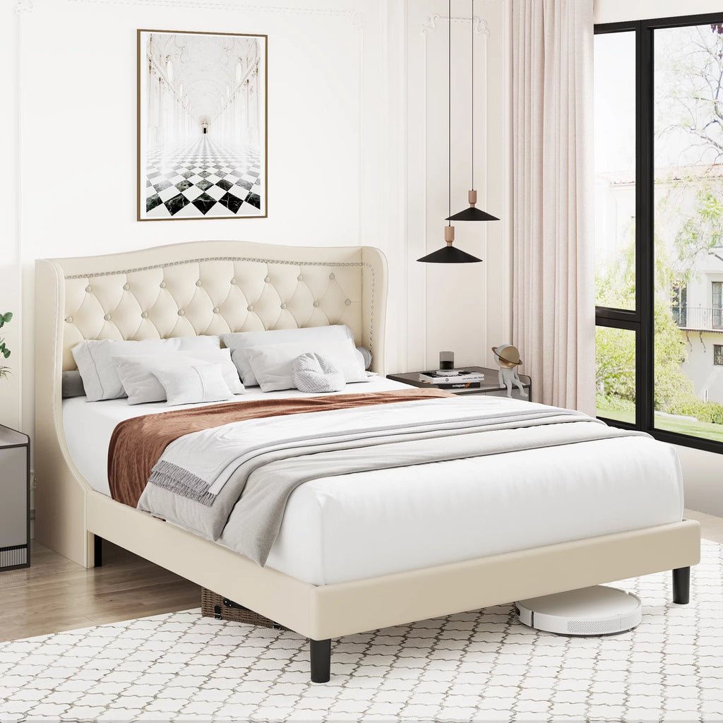 King Bed Frame with Wing-Back Button Tufted Upholstered Headboard A624594
