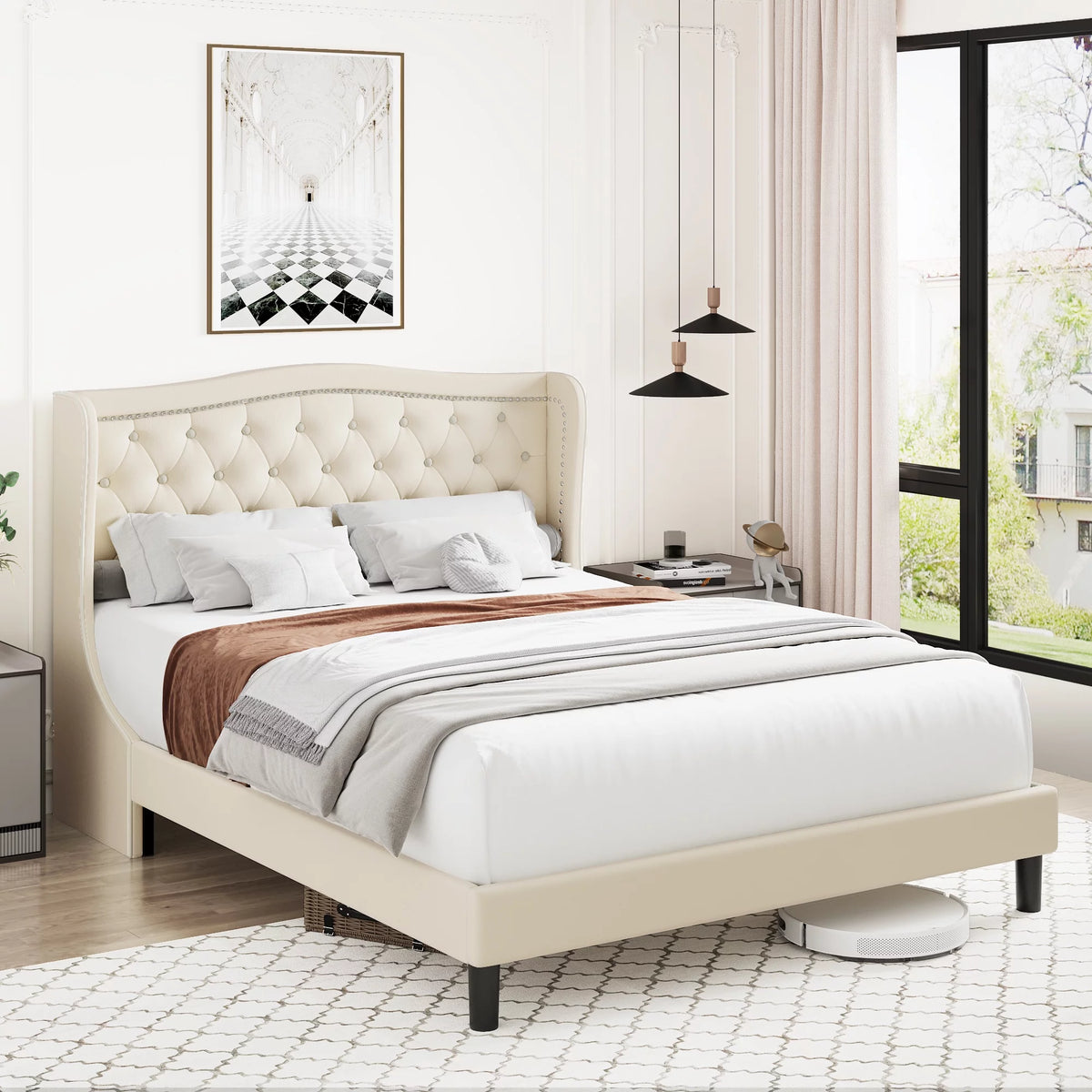 King Bed Frame with Wing-Back Button Tufted Upholstered Headboard A624594