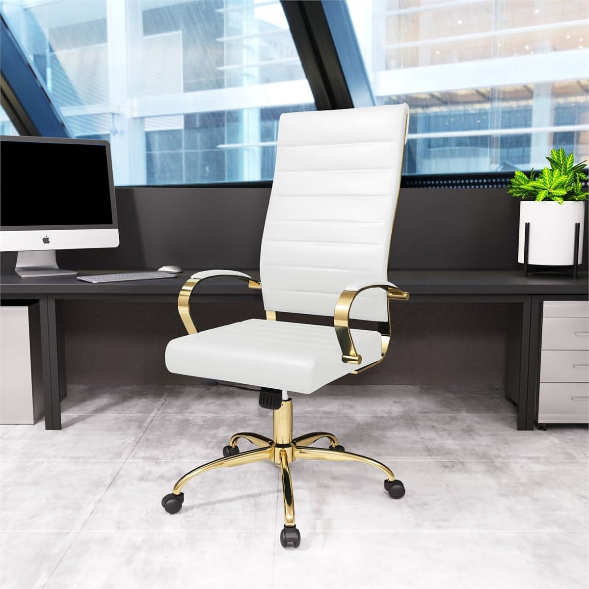 Modern Faux Leather High-Back Office Chair in White/Gold Q469