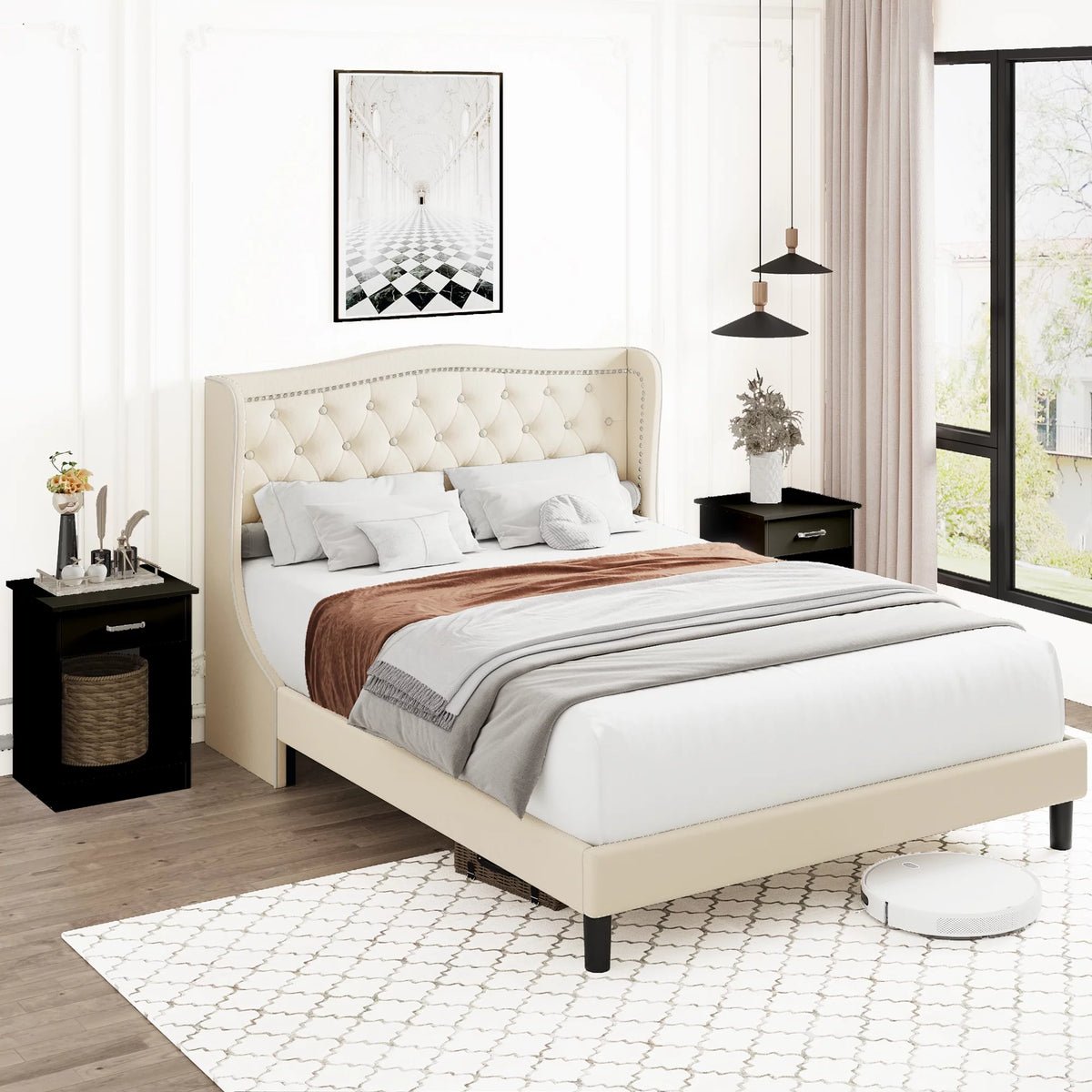 King Bed Frame with Wing-Back Button Tufted Upholstered Headboard A624594