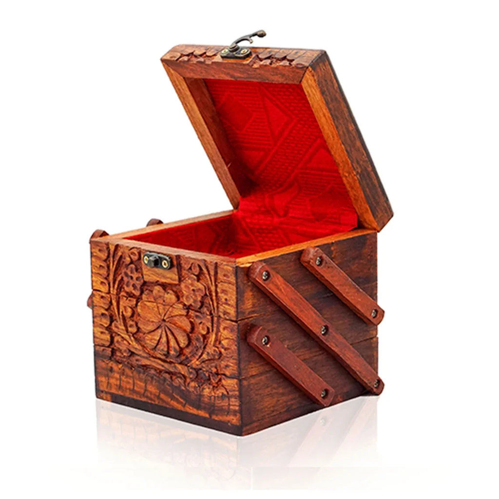 Hand Carved Wooden Jewelry Organizer with Lock U2492