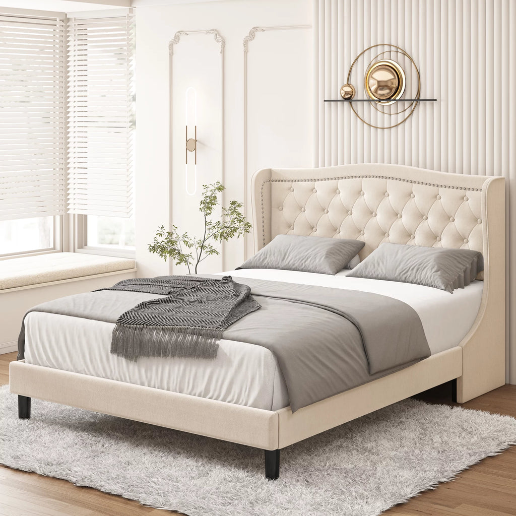 King Bed Frame with Wing-Back Button Tufted Upholstered Headboard A624594
