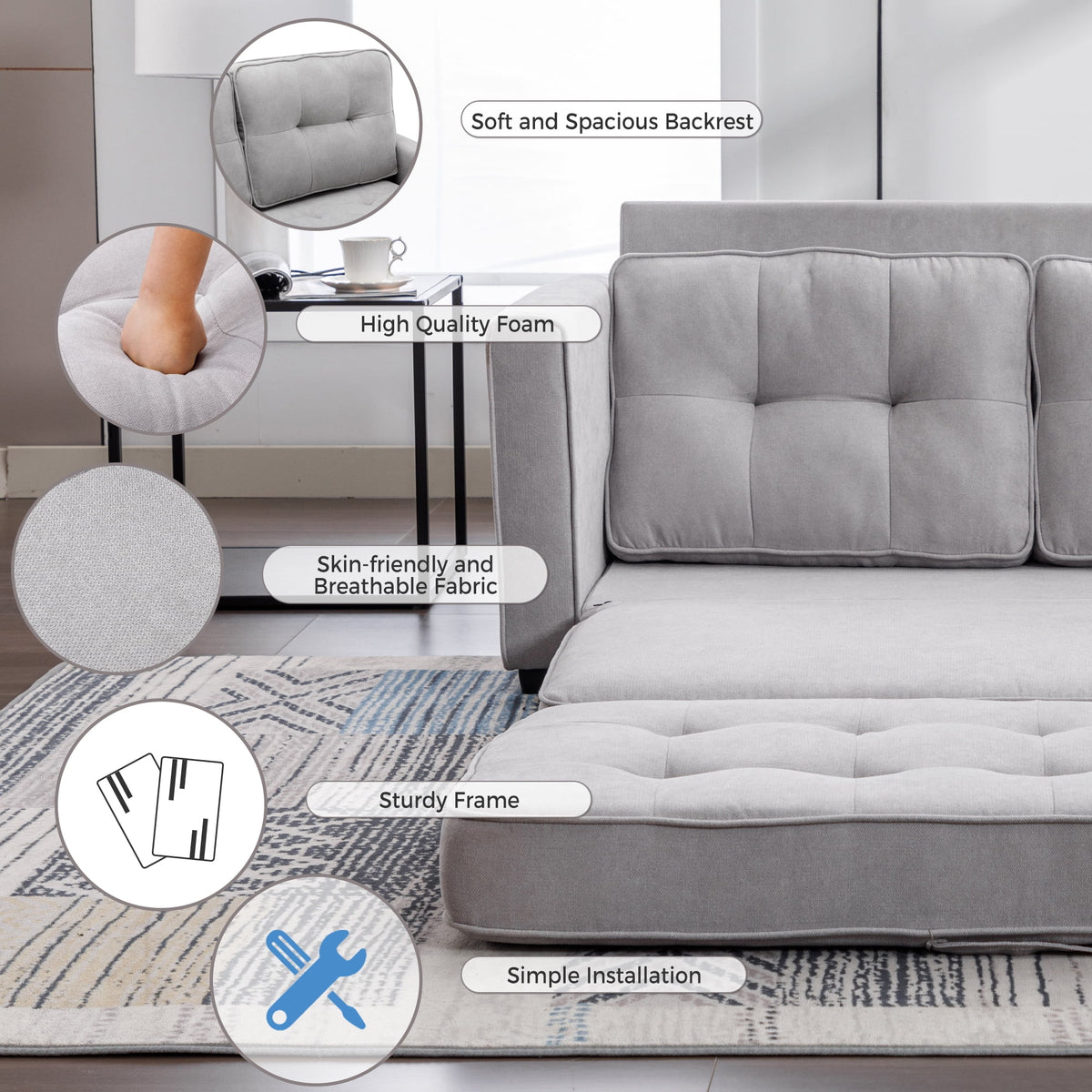 Grey Upholstered Loveseat Sofa with Pull-Out Bed J203082