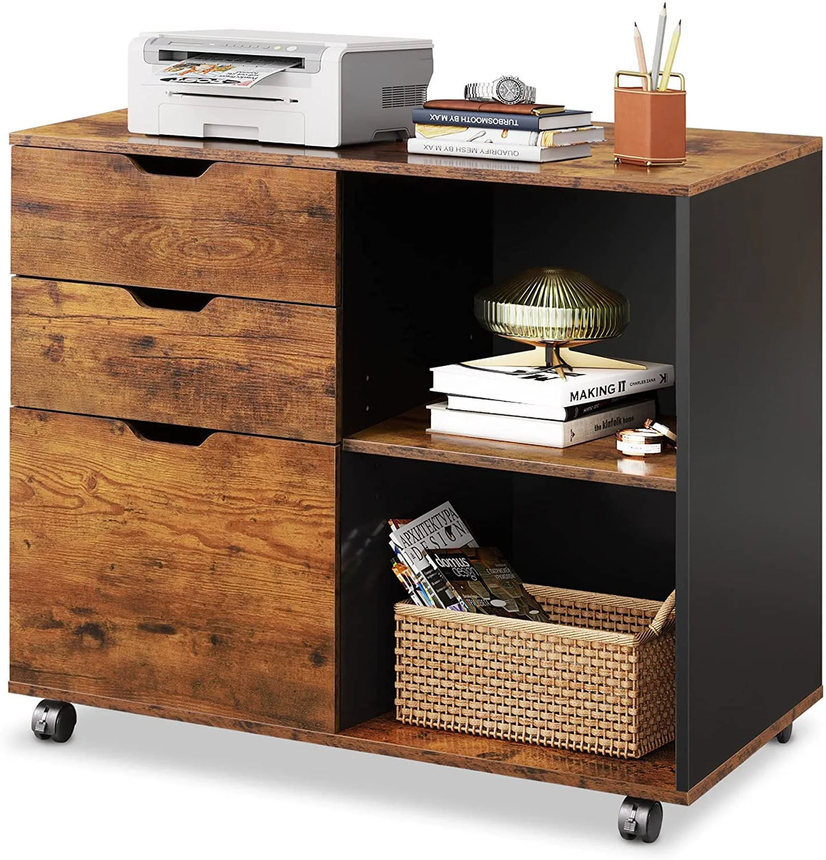 3 Drawer Rolling File Cabinet with Storage Shelves I199
