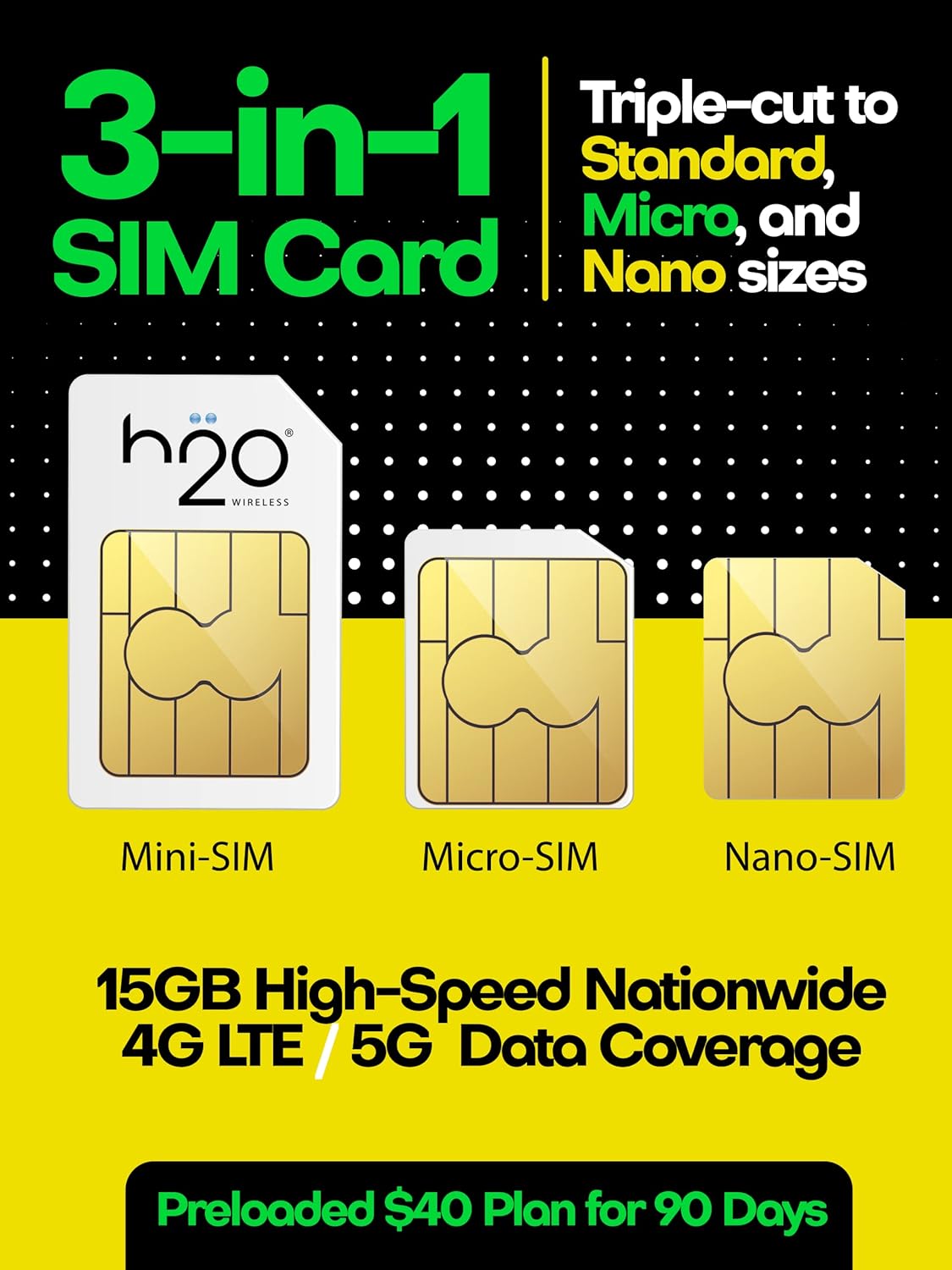 H2O Wireless SIM Card 90-Day Plan with 15GB High-Speed Data D22356