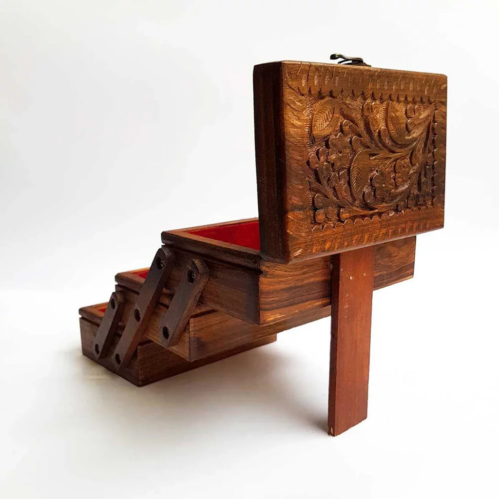 Hand Carved Wooden Jewelry Organizer with Lock U2492