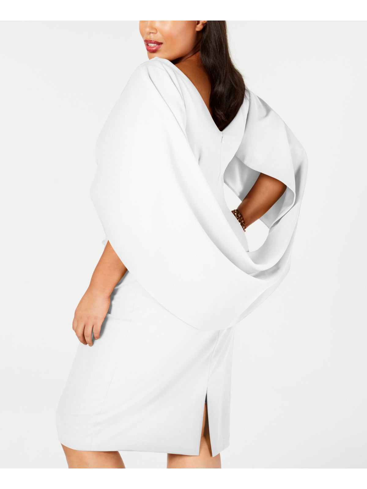 White Zippered Ruched Cape Sleeves V-back Round Neck Above The Knee Party Sheath Dress Plus 14W B977