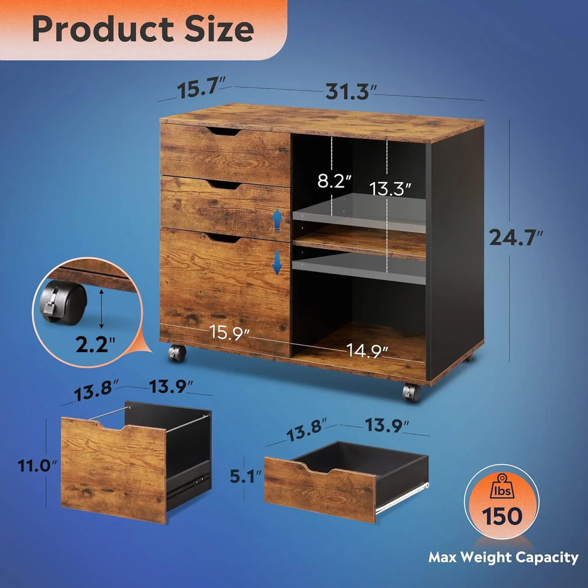 3 Drawer Rolling File Cabinet with Storage Shelves I199