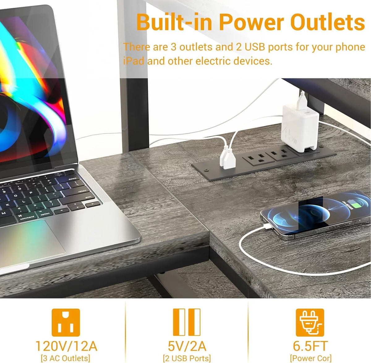 Black 47 inch Computer Desk with Power Outlet and USB Ports N765