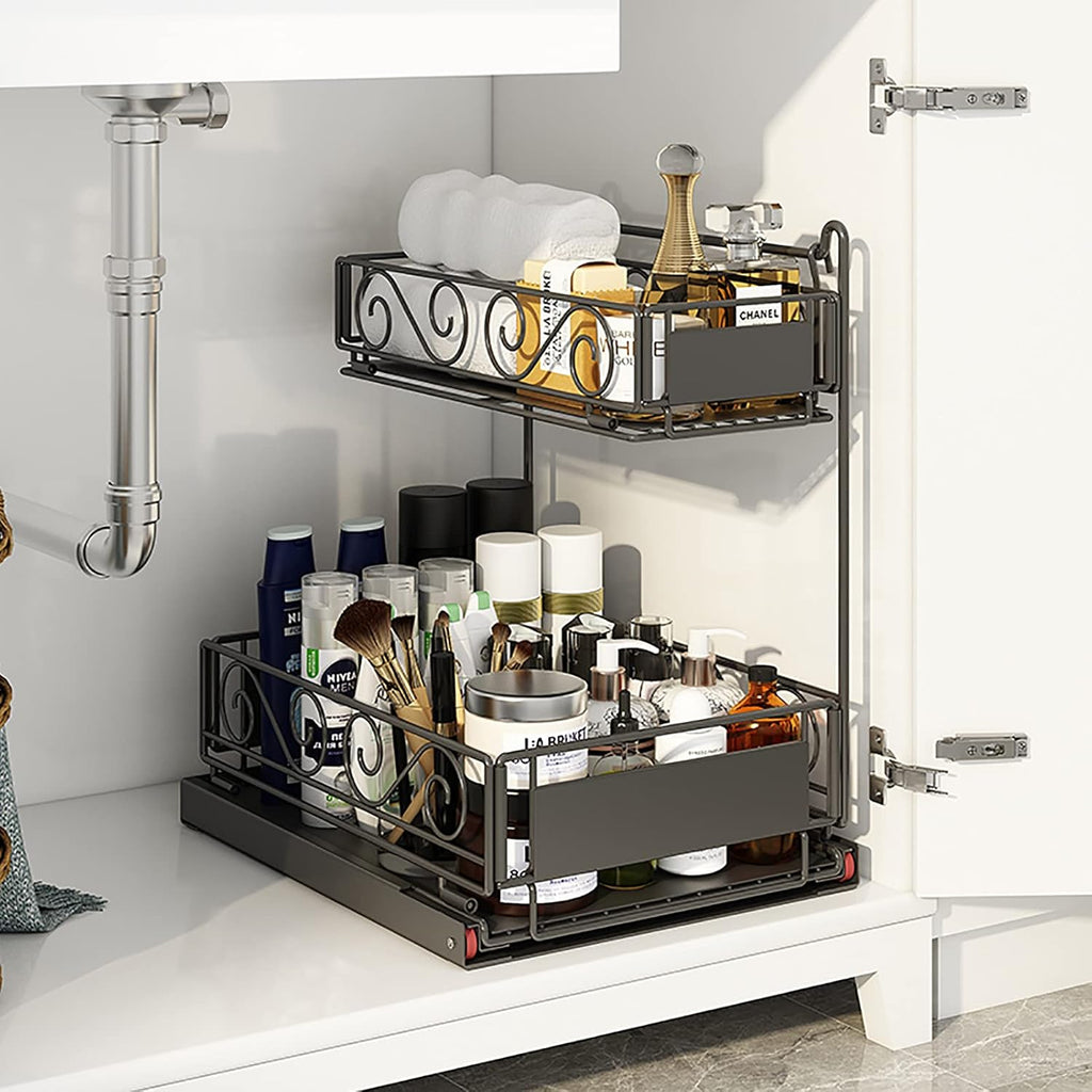 Black 2-Tier Under Sink Organizer with Sliding Drawer O20085