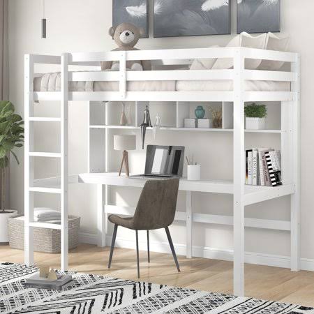 Twin Size Loft Bed with Desk and 4 Storage Shelves V541518