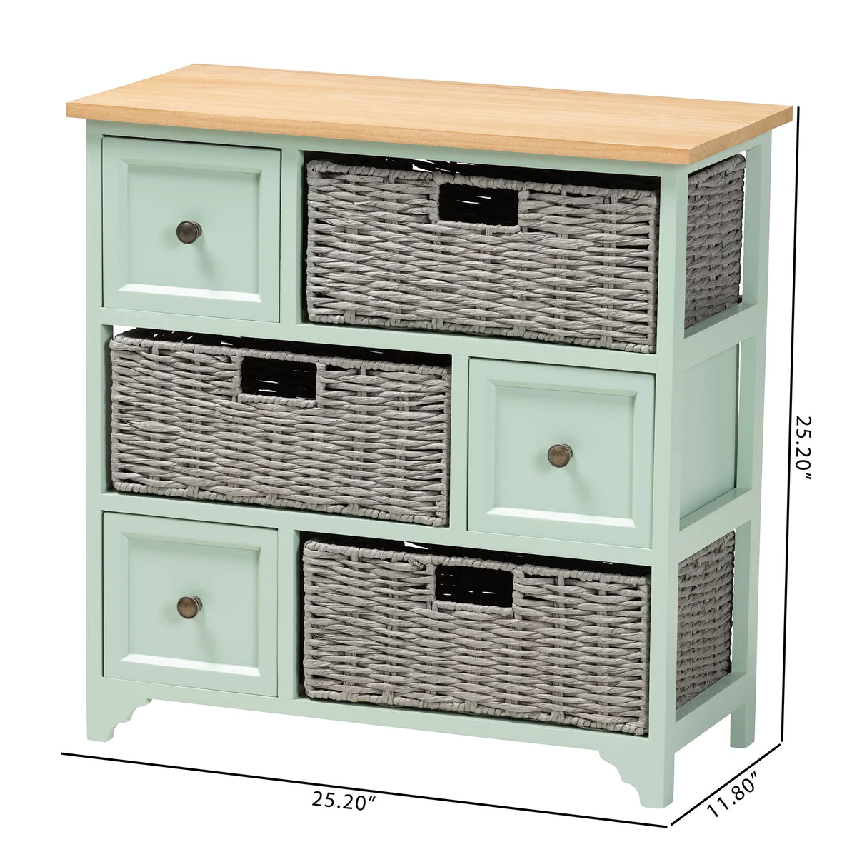 Oak Brown and Mint Green Wood 3-Drawer Storage Unit with Baskets H33711