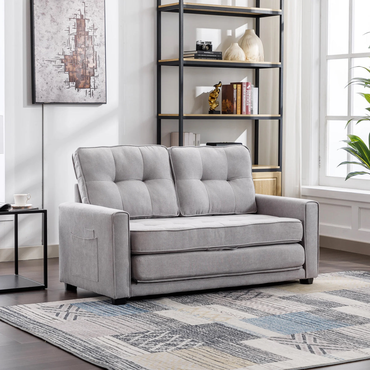 Grey Upholstered Loveseat Sofa with Pull-Out Bed J203082