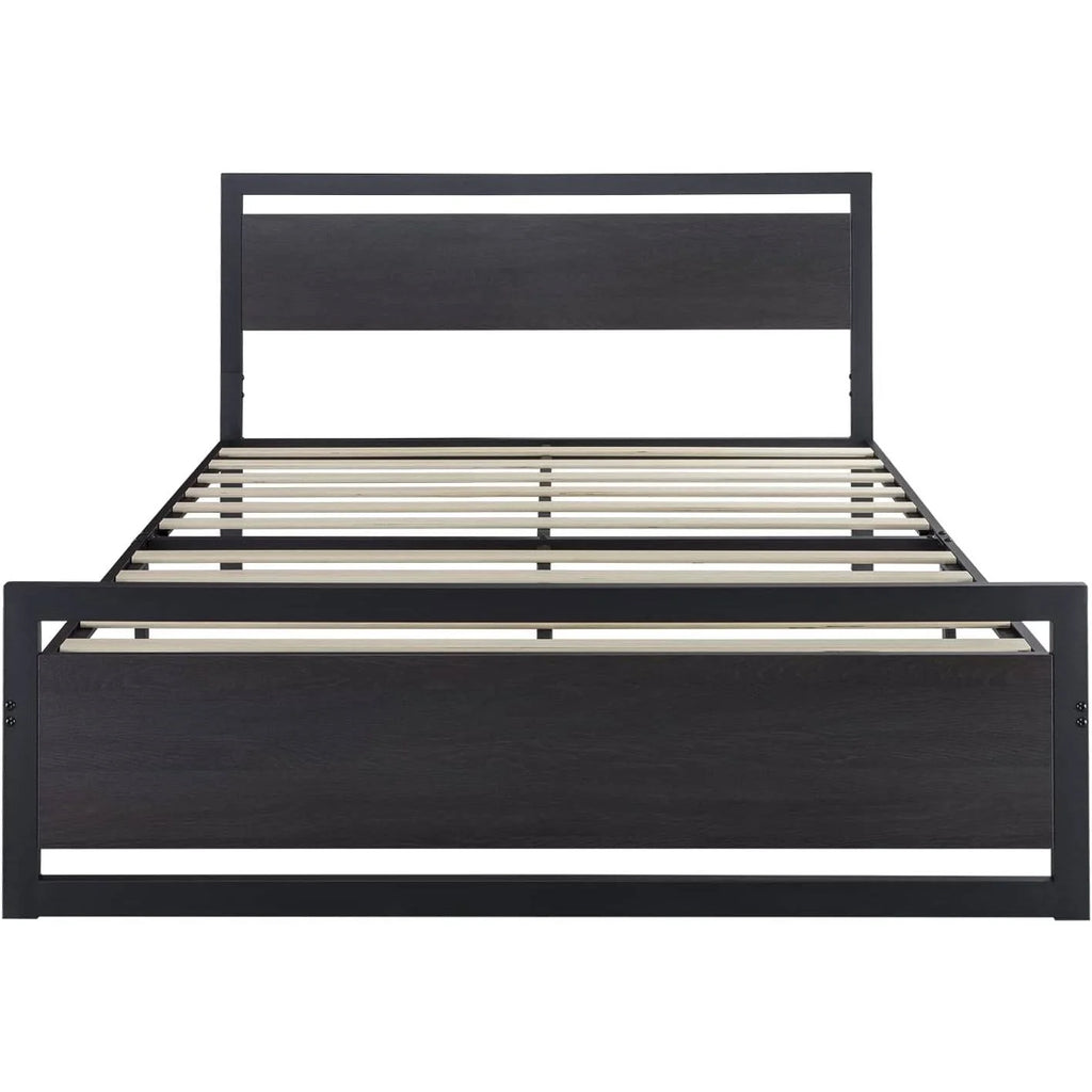 Black Metal Platform Bed Frame with Wood Headboard and Footboard F812652