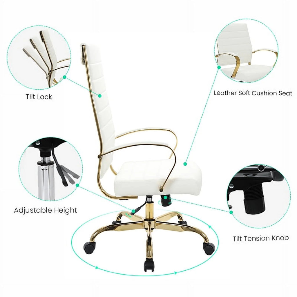 Modern Faux Leather High-Back Office Chair in White/Gold Q469