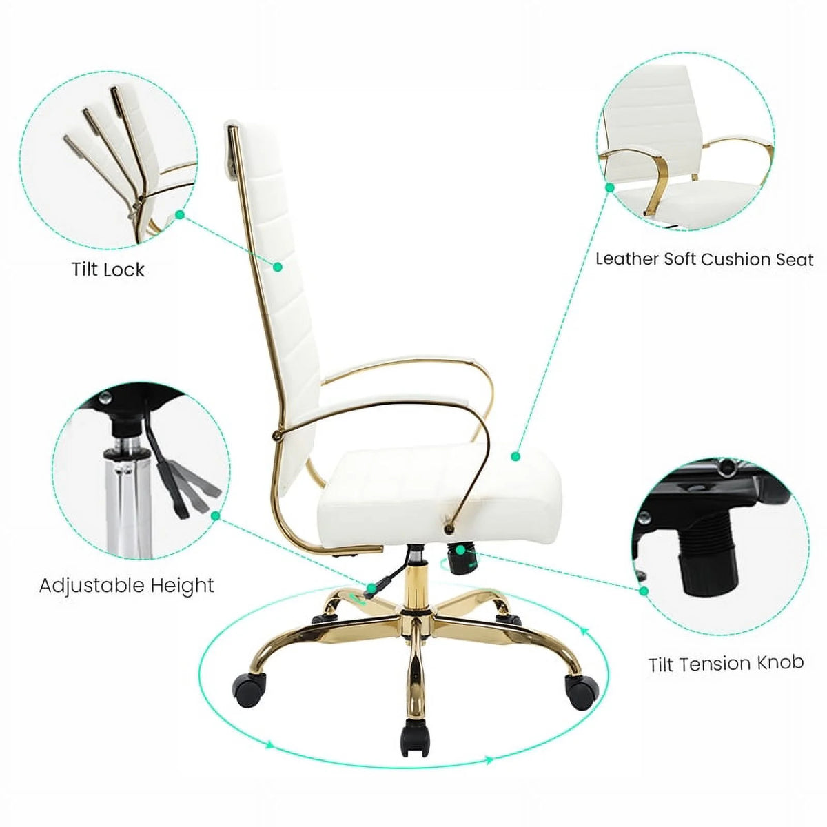 Modern Faux Leather High-Back Office Chair in White/Gold Q469
