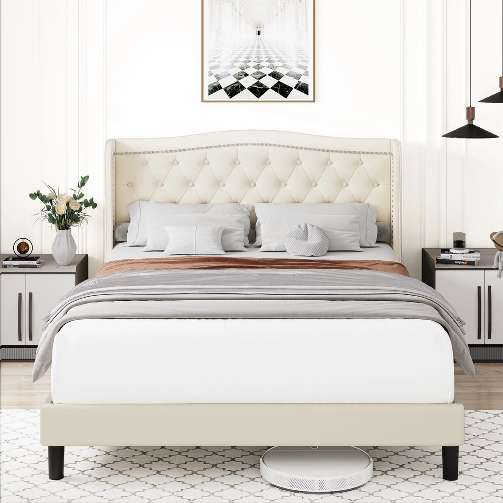 King Bed Frame with Wing-Back Button Tufted Upholstered Headboard A624594