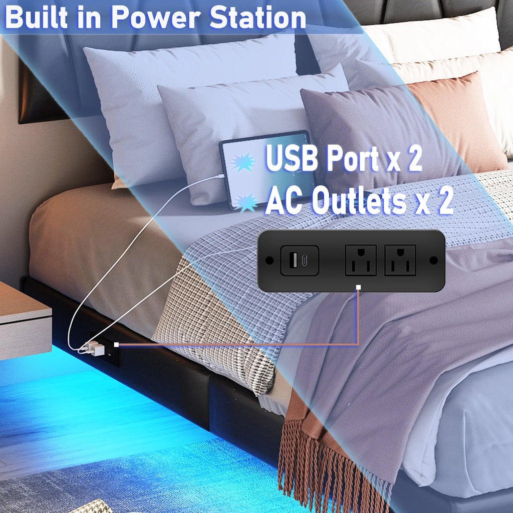 King Size Floating Upholstered Platform Bed with LED Light & Power Charging Station Y1558