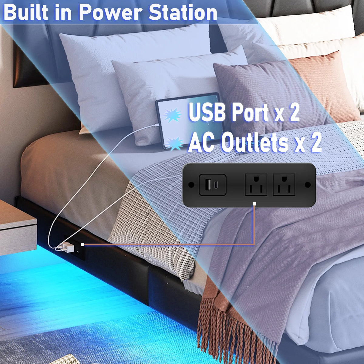 King Size Floating Upholstered Platform Bed with LED Light & Power Charging Station Y1558