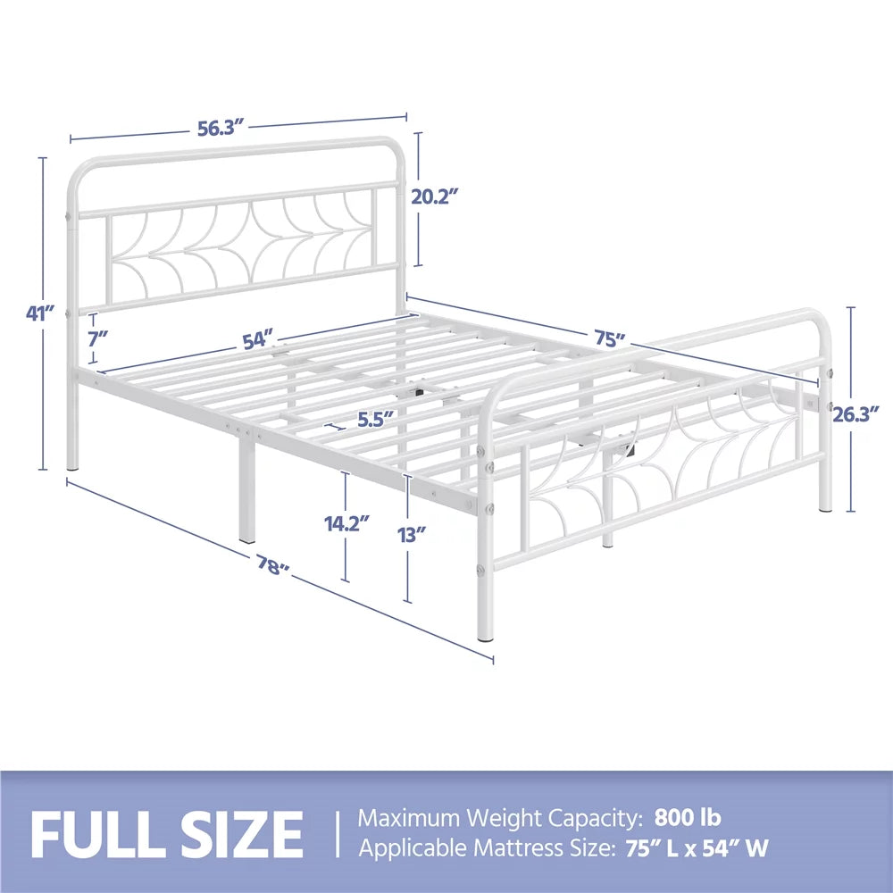 White Full Size Metal Bed with Headboard and Footboard E749