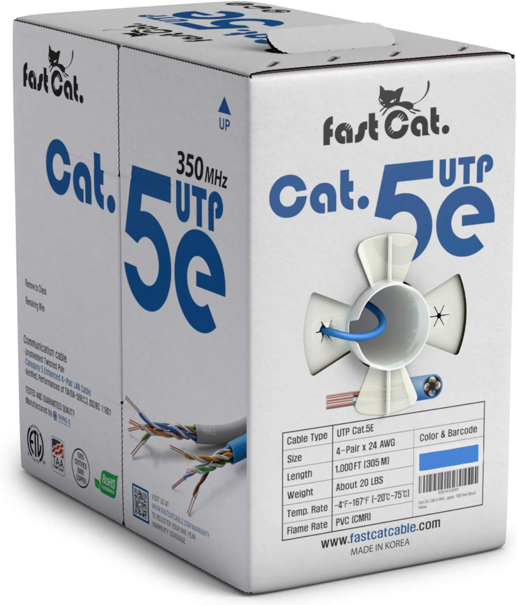 Cat5e Ethernet Cable 1000ft - 24 AWG CMR Bare Copper UTP LAN Cable (Orange) I251