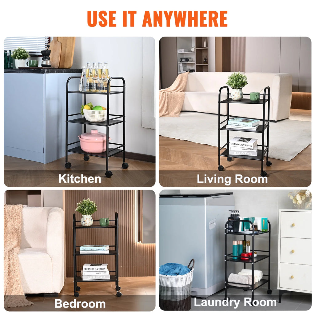3-Tier Rolling Utility Cart with Handle Black U4936
