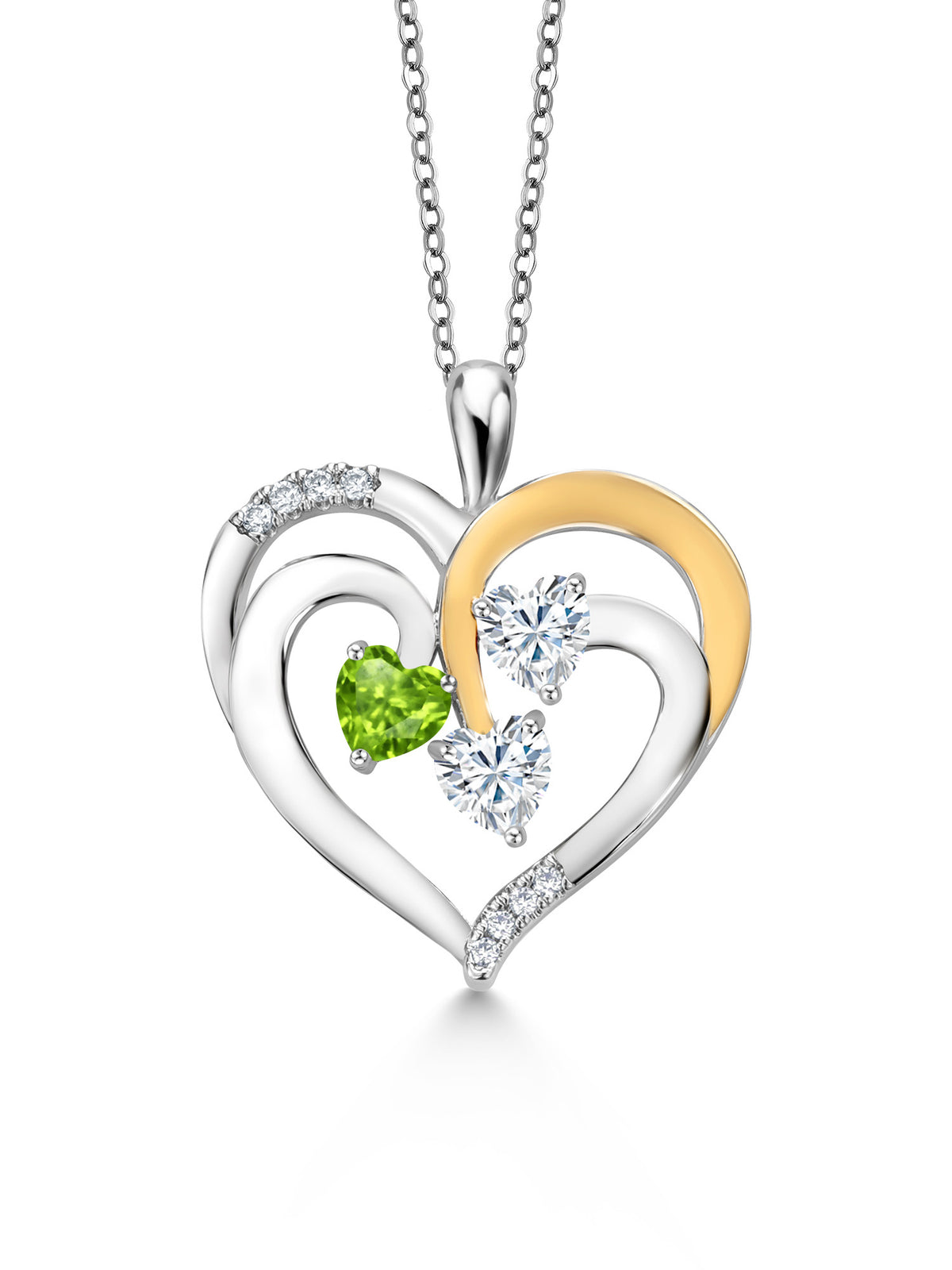 925 Two-Tone Sterling Silver Peridot and Moissanite Pendant Necklace, 1.34 Cttw, Heart Shape, 18 inch Chain W236707
