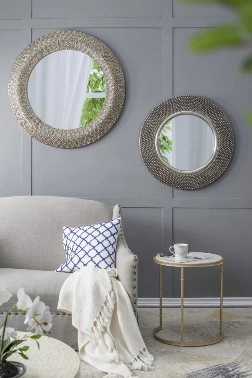 Large Round Wall Mirror with 3D Sculpted Wide Frame B9692