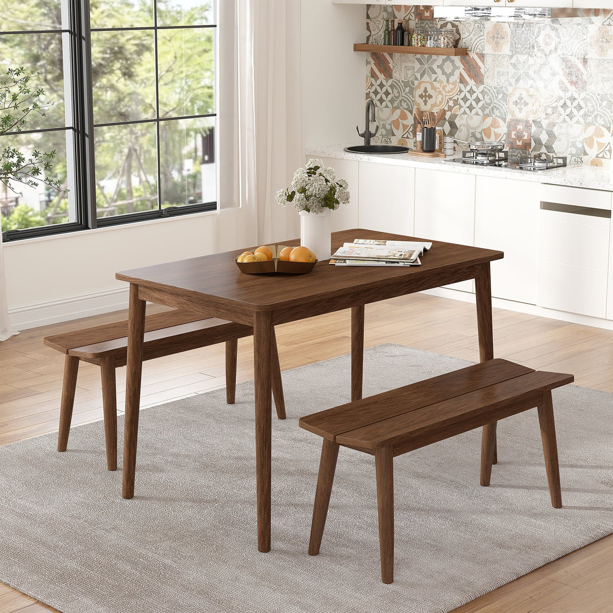 Wooden Dining Table Set with 2 Benches X109