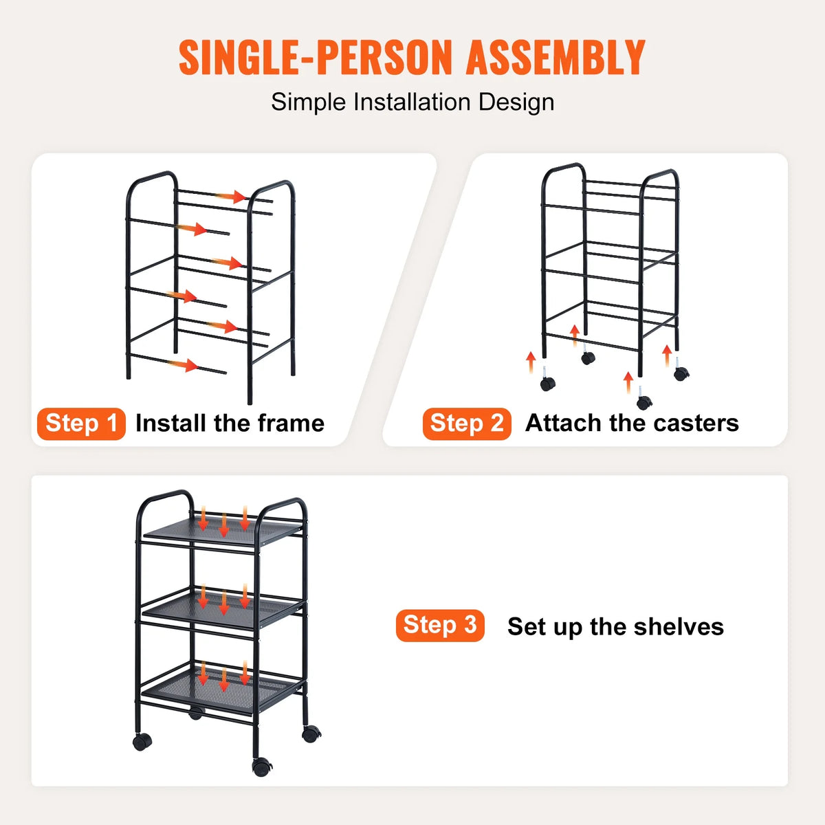 3-Tier Rolling Utility Cart with Handle Black U4936