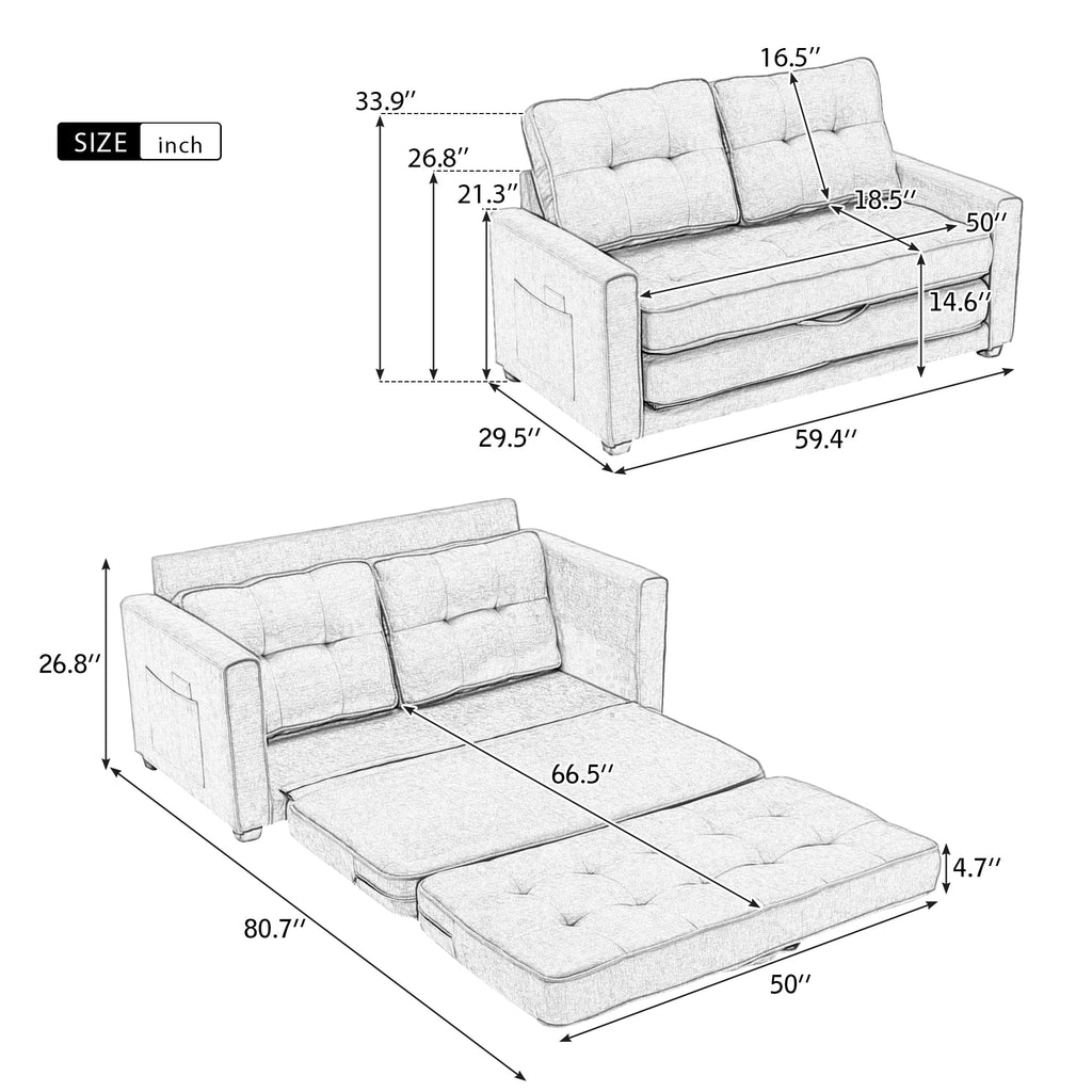 Grey Upholstered Loveseat Sofa with Pull-Out Bed J203082