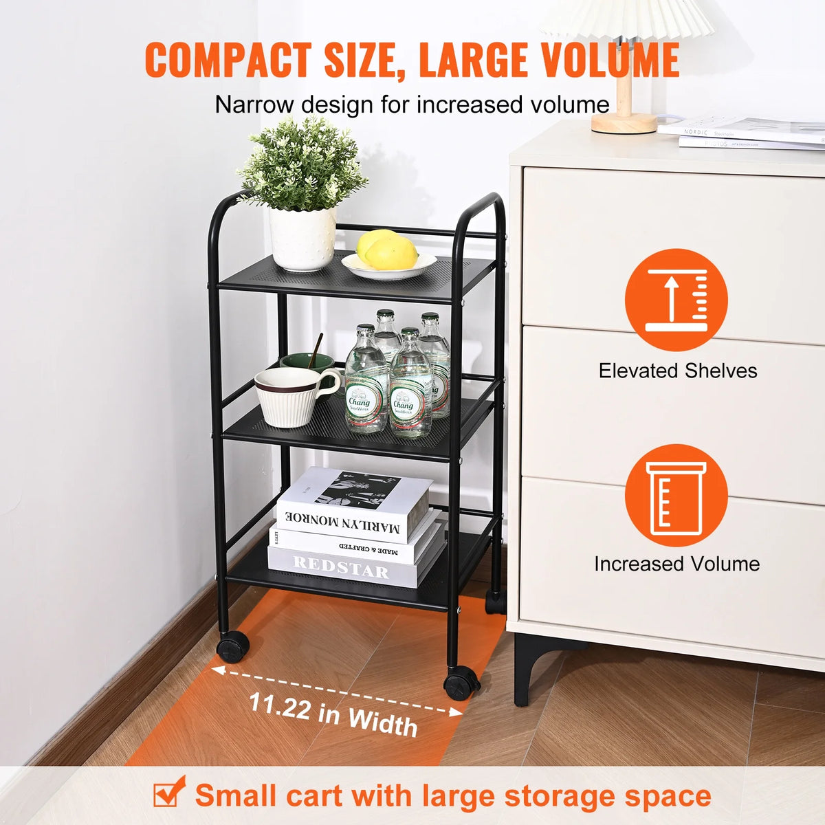 3-Tier Rolling Utility Cart with Handle Black U4936