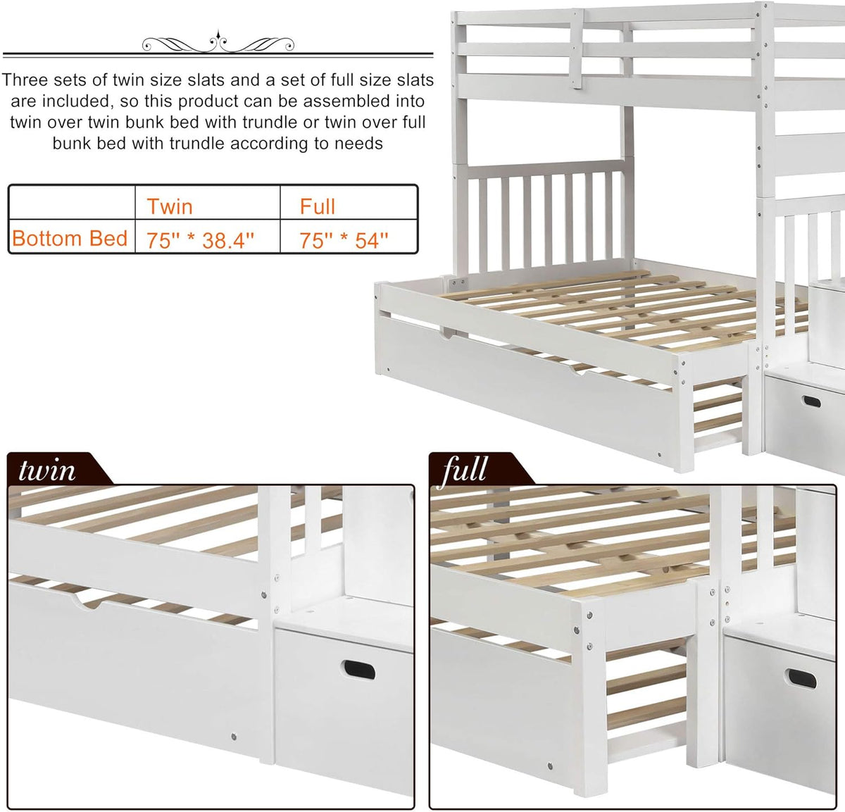 White Twin Over Twin Bunk with Trundle, 4 Drawers, and 3 Shelves F46042