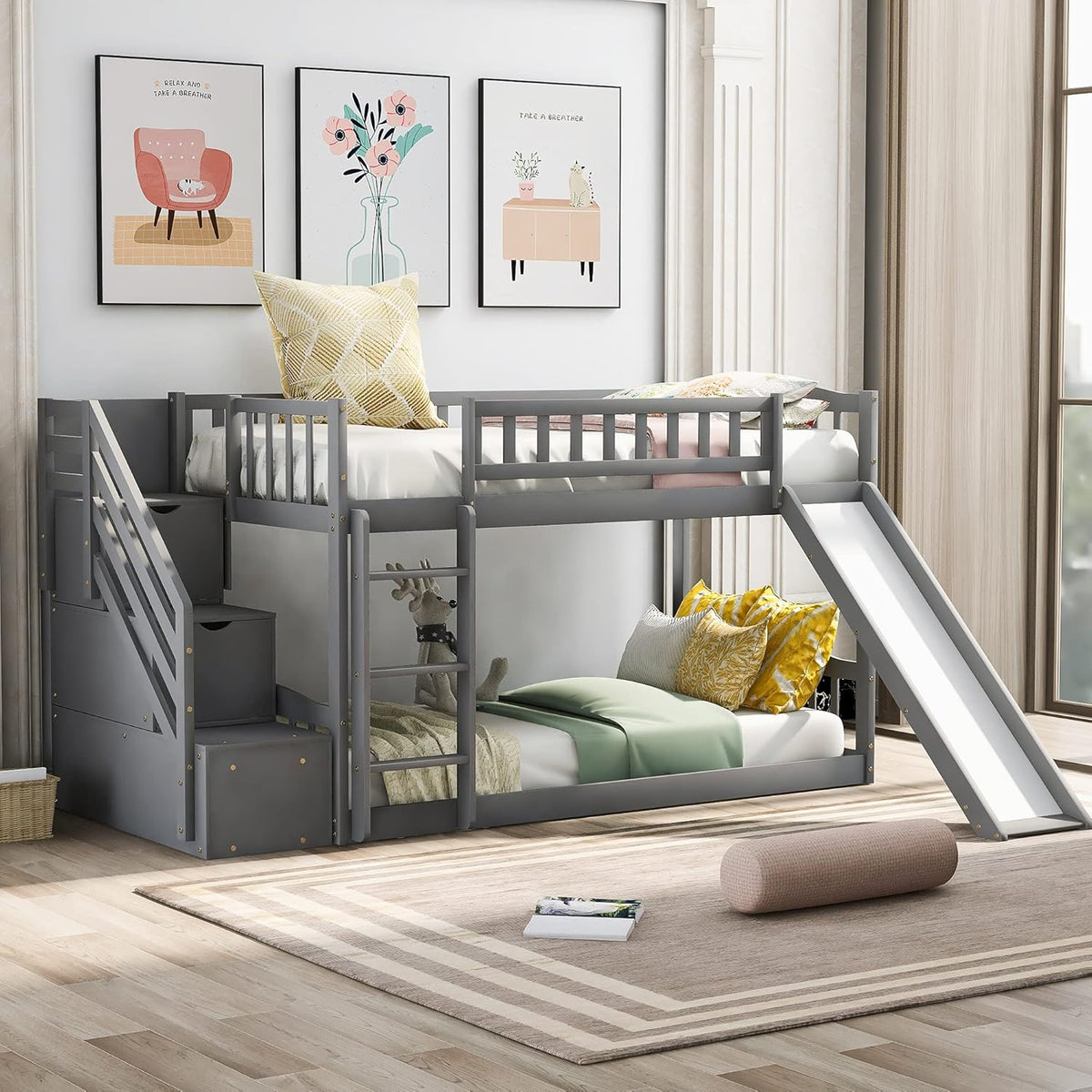 Twin Loft Beds with Slide and Staircase Q4433