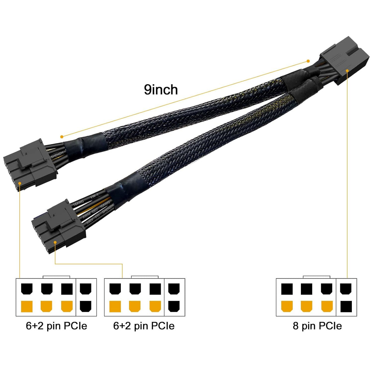16AWG 8 Pin PCIE Splitter to Dual 8 Pin(6+2) Power Adapter Cable, 9ich 12 Pack P59066