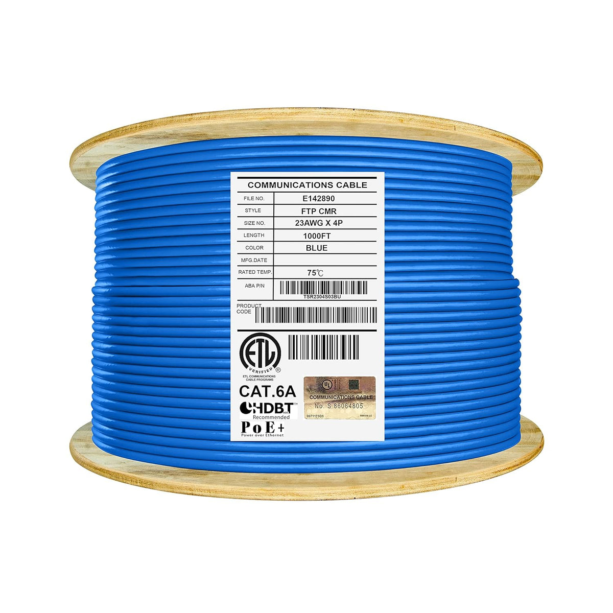 Bulk Ethernet Cable Reel, Cat6A Shielded Riser, 1000ft, FTP 23AWG, Solid Bare Copper, Blue R663594