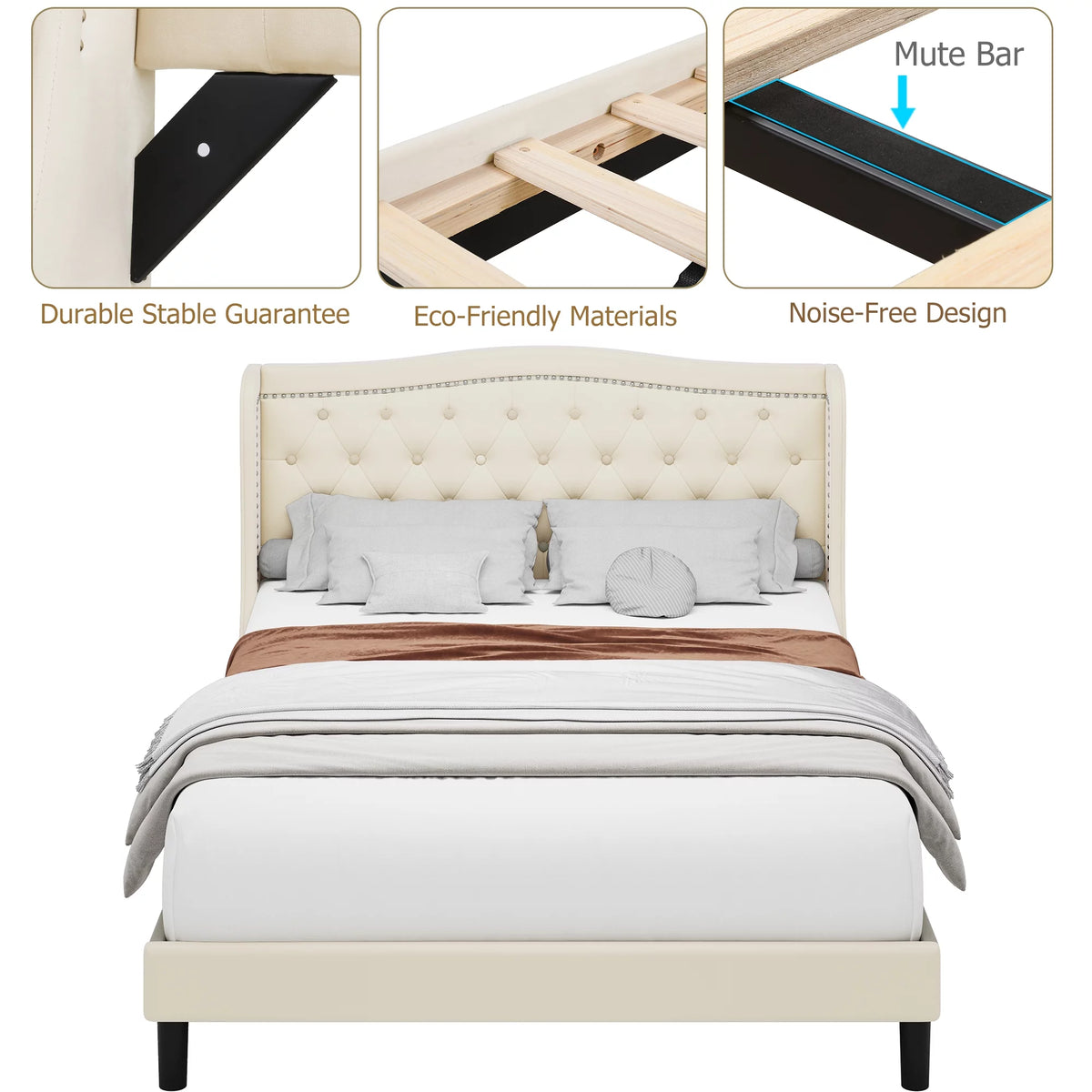 King Bed Frame with Wing-Back Button Tufted Upholstered Headboard A624594