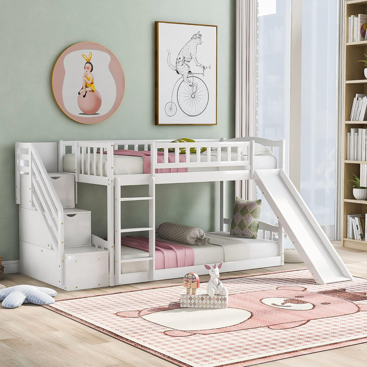 Twin Loft Beds with Slide and Staircase Q4433