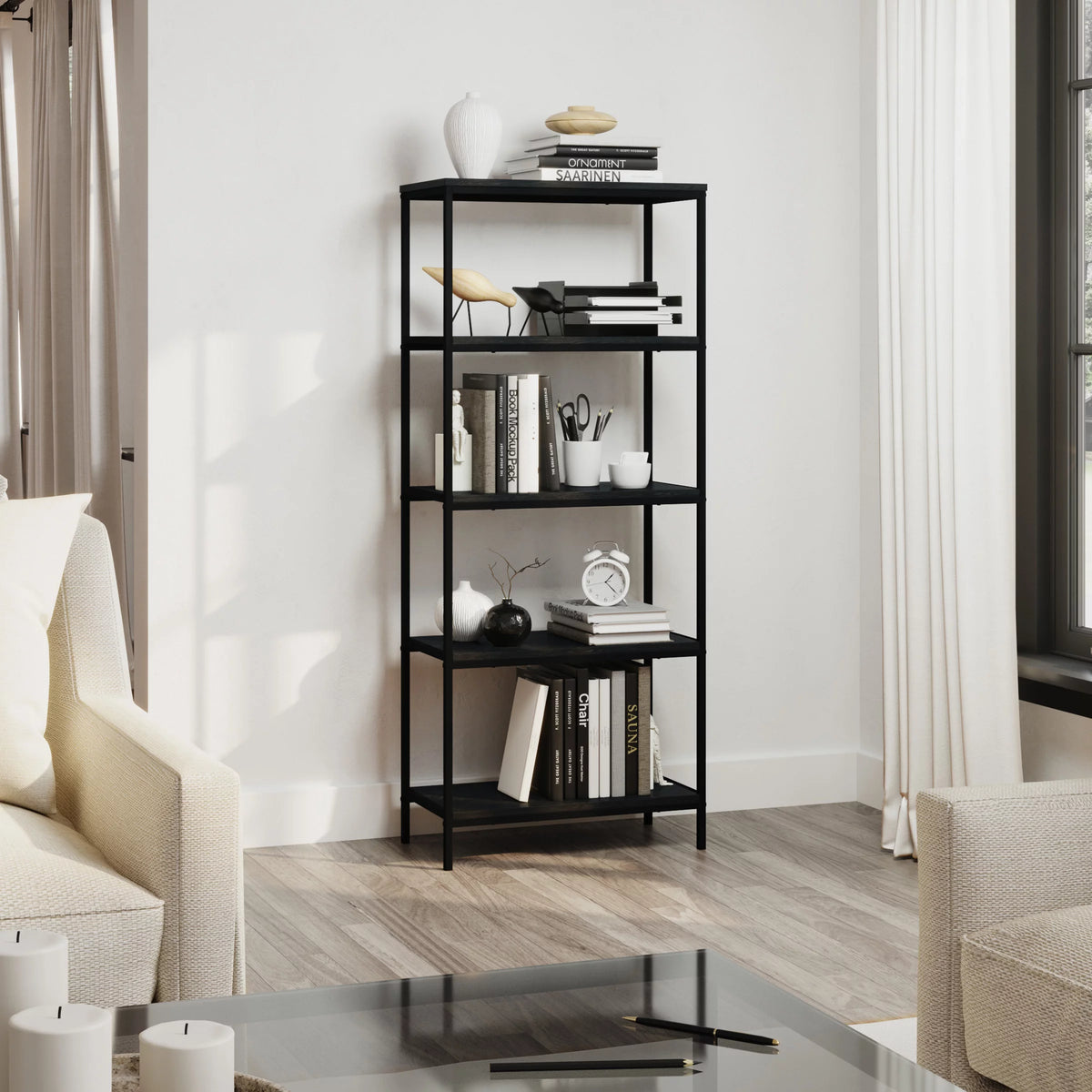 5-Tier Black Woodgrain Bookshelf D883